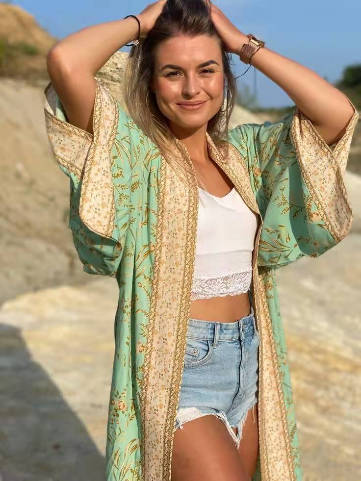 Evatrends cotton gown robe printed kimonos, Outerwear, Cotton, Viscose, Nightwear, Bordered trim, sleeves & bottom, long kimono, Kimono Broad sleeves with armpit opening, loose fitting, Bohemian Floral