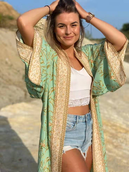 Evatrends cotton gown robe printed kimonos, Outerwear, Cotton, Viscose, Nightwear, Bordered trim, sleeves & bottom, long kimono, Kimono Broad sleeves with armpit opening, loose fitting, Bohemian Floral