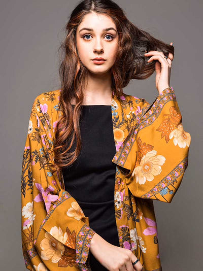Evatrends cotton gown robe printed kimonos, Outerwear, Cotton, Nightwear, Short kimono, Long sleeves, Broad Sleeves, Yellow, loose fitting, Printed, Belted, Floral