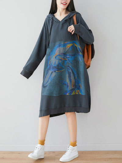 Loose Ethnic Floral Hooded Sweatshirt Dress