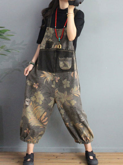 Dungarees cotton denim ripped jeans floral vintage retro style overall