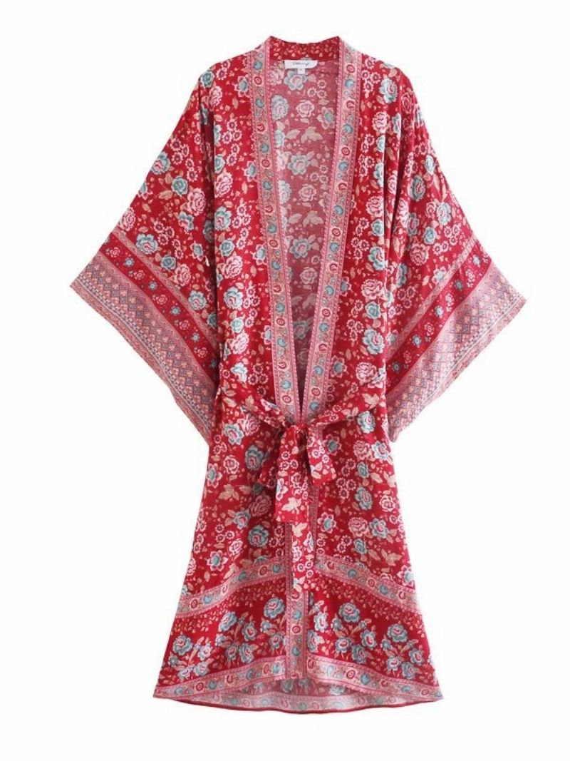 Evatrends cotton gown robe printed kimonos, Outerwear, Cotton, Nightwear, long kimono, Long Sleeves, loose fitting, Floral print, Belted, V-Collar