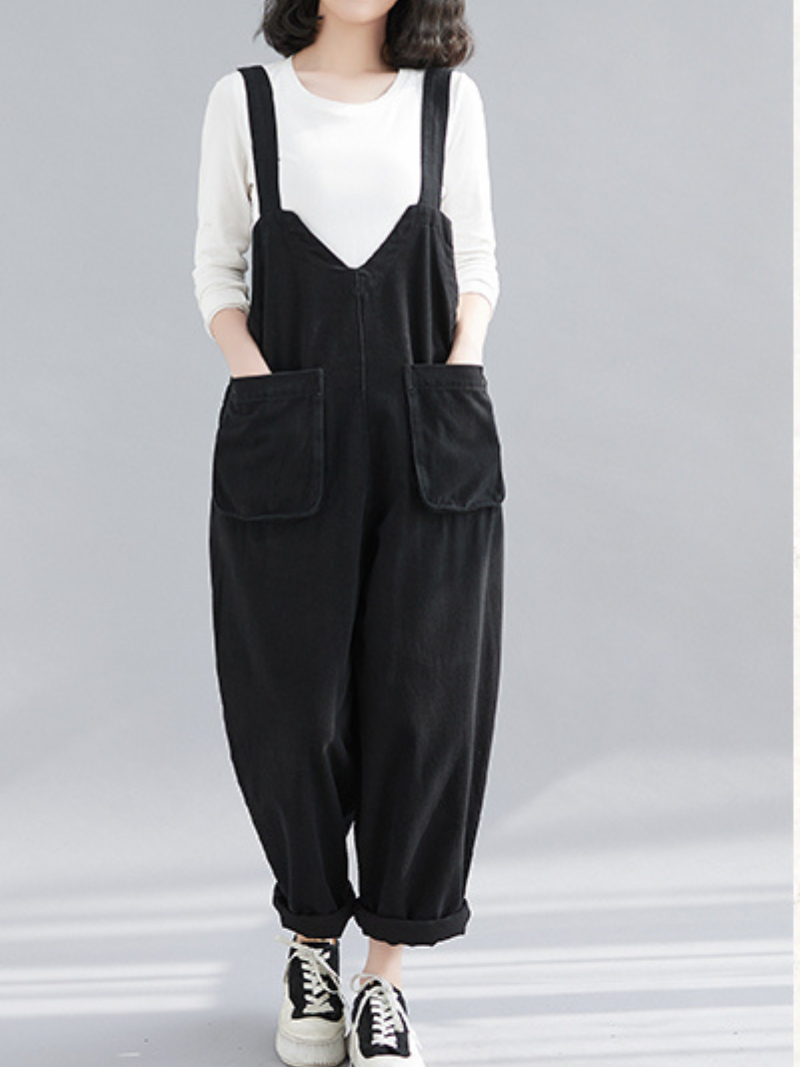 Women's Black Loose Overalls