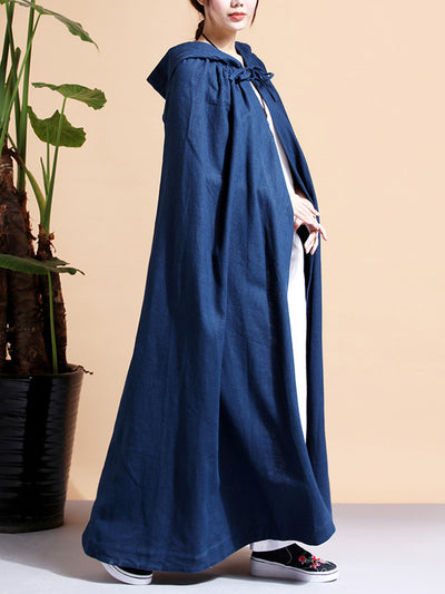 Solid Color Hooded Linen Cape Coat