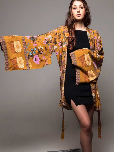 Evatrends cotton gown robe printed kimonos, Outerwear, Cotton, Nightwear, Short kimono, Long sleeves, Broad Sleeves, Yellow, loose fitting, Printed, Belted, Floral