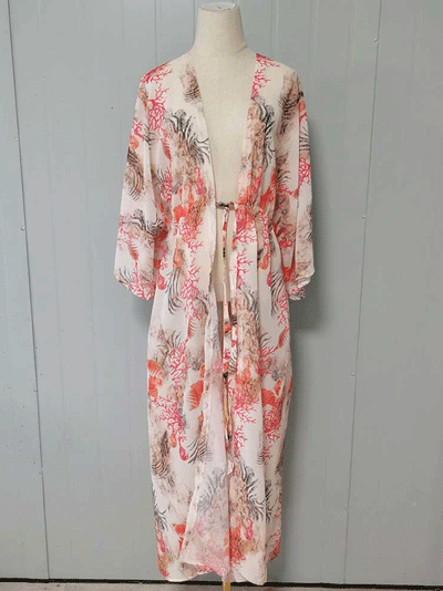 Evatrends cotton gown robe printed kimonos, Outerwear, polyester, Nightwear, long kimono, Board Sleeves, loose fitting, printed, Belted