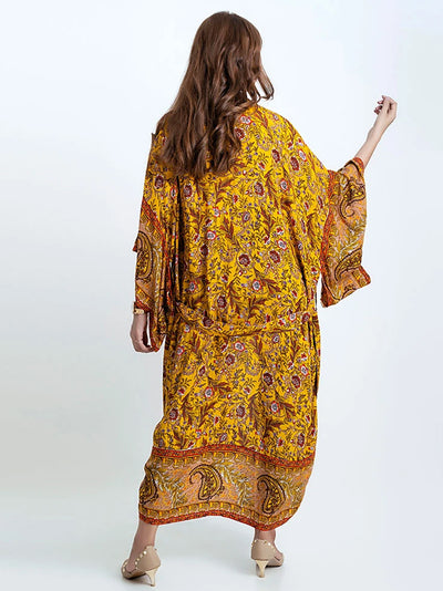 Evatrends cotton gown robe printed kimonos, Outerwear, cotton, Nightwear, long kimono, Board Sleeves, loose fitting, Floral Print with birds print, Belted