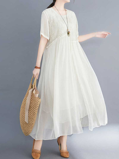 Embroidered Silk A-line Dress