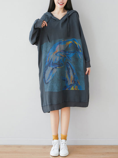 Loose Ethnic Floral Hooded Sweatshirt Dress