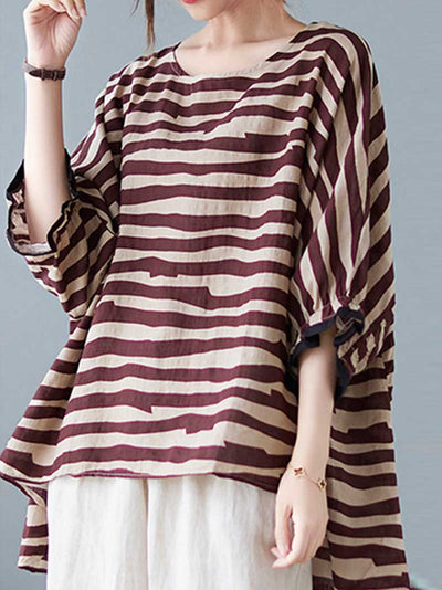 Stripes Print Round-Neck Doll Sleeves Top