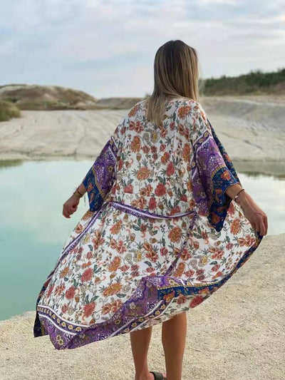 Evatrends cotton gown robe printed kimonos, Outerwear, cotton, Nightwear, long kimono, Long Sleeves, loose fitting, V collar, Floral Print, Belted