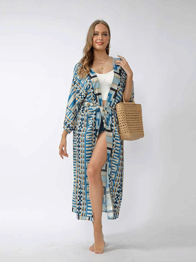 Evatrends cotton gown robe printed kimonos, Outerwear, polyester, Nightwear, long kimono, Board Sleeves, loose fitting, printed, Belted