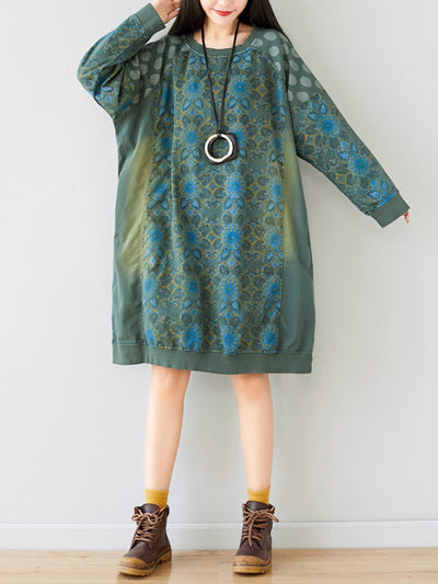 Crew Neck Printed Sweatshirt Dress