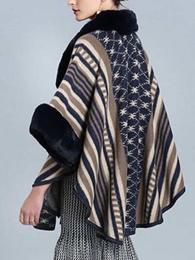 Stripe Bordeus Fluffy Neck Plus Size Cape Cardigan