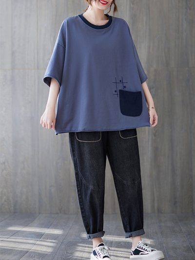 Women's Blue Round Neck Top