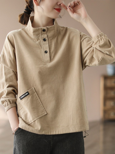 Women's Fashionable Sweater Jacket Loose High Collar Long Sleeve Button Top