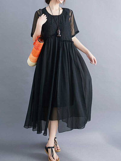 Embroidered Silk A-line Dress