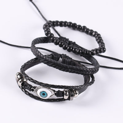 Braided leather cord evil eye bracelet black