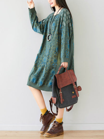 Crew Neck Printed Sweatshirt Dress