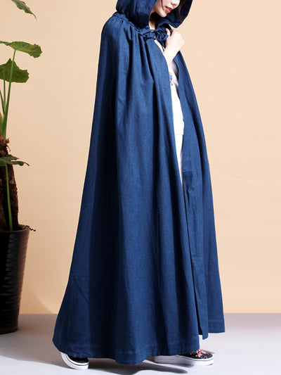 Solid Color Hooded Linen Cape Coat