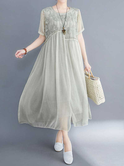 Embroidered Silk A-line Dress