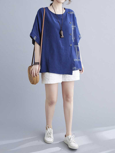 Evatrends Cotton Linen Top, Summer wear, Short sleeves, Front Button top, Round Neck, T-shirt Top, Wear With Jeans pant or Trouser