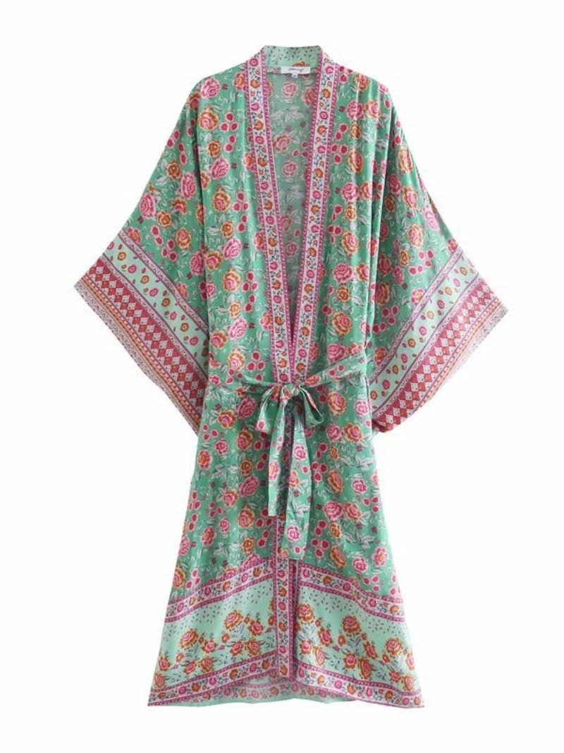 Evatrends cotton gown robe printed kimonos, Outerwear, Cotton, Nightwear, long kimono, Long Sleeves, loose fitting, Floral print, Belted, V-Collar