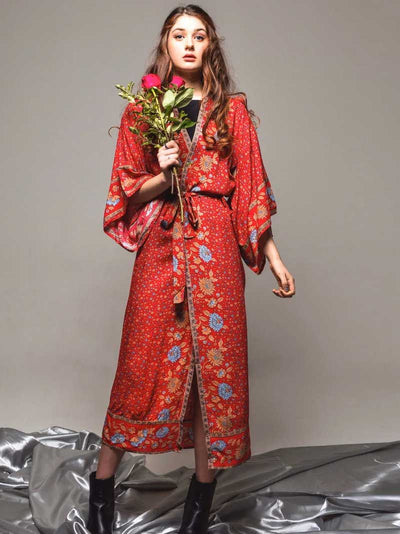 Evatrends cotton gown robe printed kimonos, Outerwear, Cotton Viscose, Nightwear,  long kimono, Long Sleeves, loose fitting, Floral Print, Belted