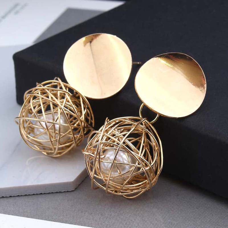 Vintage Geometric Simple Woven Ball Pearl Stud Earrings