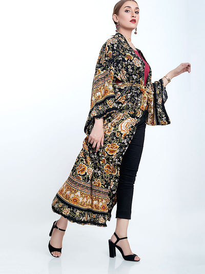 Evatrends cotton gown robe printed kimonos, Outerwear, Cotton, Nightwear, long kimono, Board Sleeves, loose fitting, Floral print