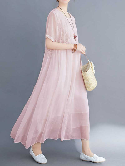 Embroidered Silk A-line Dress