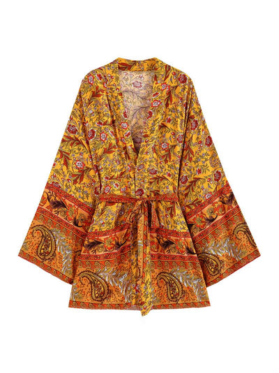 Night Wear Floral Print Yellow Cotton Short Kimono Gown Robe