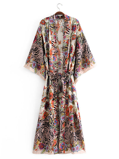 Evatrends cotton gown robe printed kimonos, Outerwear, Cotton, Nightwear, long kimono, Board Sleeves, loose fitting, printed, Belted