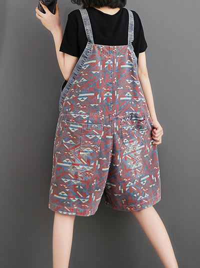 Dungarees cotton denim, vintage retro style overall, double side pocket, printed