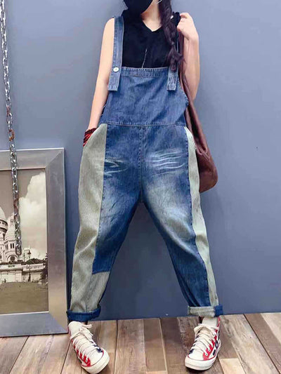 Dungarees cotton denim ripped jeans floral vintage retro style overall, Back and side pockets