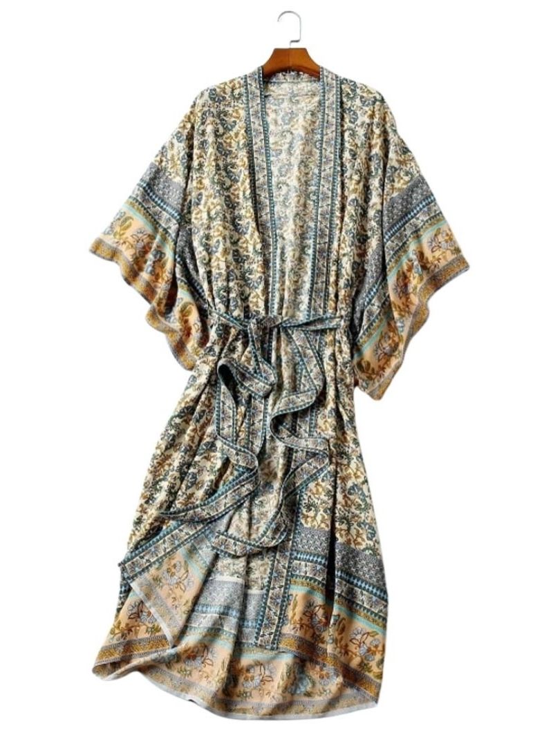 Evatrends cotton gown robe printed kimonos, Outerwear, Cotton, Viscose, Nightwear, Bordered trim, sleeves & bottom, long kimono, Kimono Broad sleeves with armpit opening, loose fitting, Bohemian Floral 