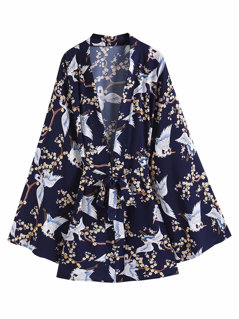 Evatrends cotton gown robe printed kimonos, Outerwear, Polyester,  Party wear, Short kimono, Board Sleeves, loose fitting, Swimwear, Printed, Birds + Floral, Belted, Dark-Blue color