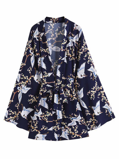 Evatrends cotton gown robe printed kimonos, Outerwear, Polyester,  Party wear, Short kimono, Board Sleeves, loose fitting, Swimwear, Printed, Birds + Floral, Belted, Dark-Blue color