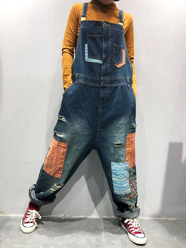 Dungarees cotton denim ripped jeans floral vintage retro style overall, Printed, side and back pockets, ripped