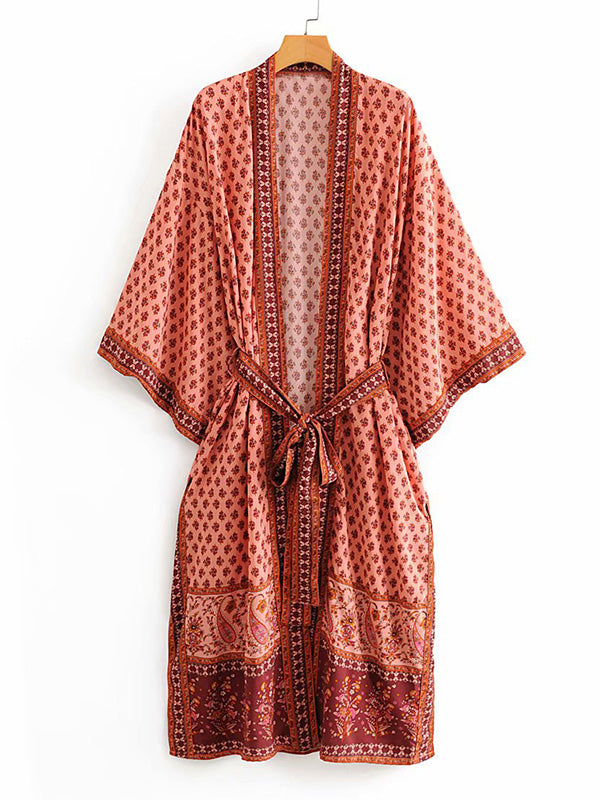 Evatrends cotton gown robe printed kimonos, Outerwear, : 90% Cotton, 10% Viscose, Nightwear, long kimono, Board Sleeves, loose fitting, Print with Eye-catching Contrast