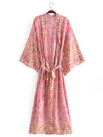 Evatrends cotton gown robe printed kimonos, Outerwear, Cotton, long sleeves, Nightwear, long kimono, Board Sleeves, pink, loose fitting, Printed, floral, belted, V-Collar