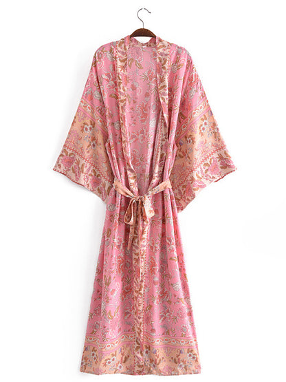 Evatrends cotton gown robe printed kimonos, Outerwear, Cotton, long sleeves, Nightwear, long kimono, Board Sleeves, pink, loose fitting, Printed, floral, belted, V-Collar