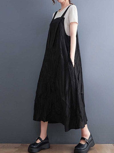 Pleated Cotton Black Color  Salopette Dress