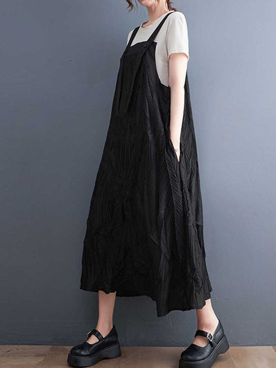 Pleated Cotton Black Color  Salopette Dress