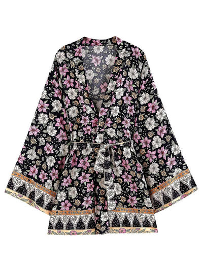 Evatrends cotton gown robe printed kimonos, Outerwear, Cotton, Bridal wear, Short kimono, Board Sleeves, loose fitting, Printed, Floral, Belted, Orange and Black Color