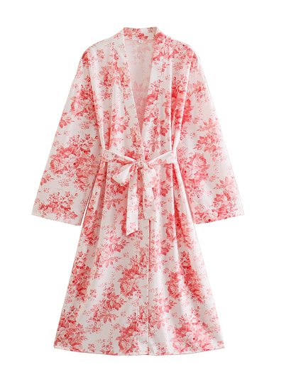 Evatrends cotton gown robe printed kimonos, Outerwear, Polyester, Nightwear, Long kimono, Board Sleeves, Red, loose fitting, Printed