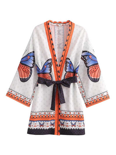 Jacket Style Short Kimono With Butterfly Print Gown Robe
