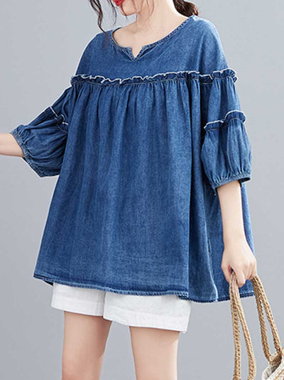 Evatrends Cotton Denim Top, Summer wear, Short sleeves, Plain top, Round / V Neck, shirt Top, Wear With Jeans pant or Trouser