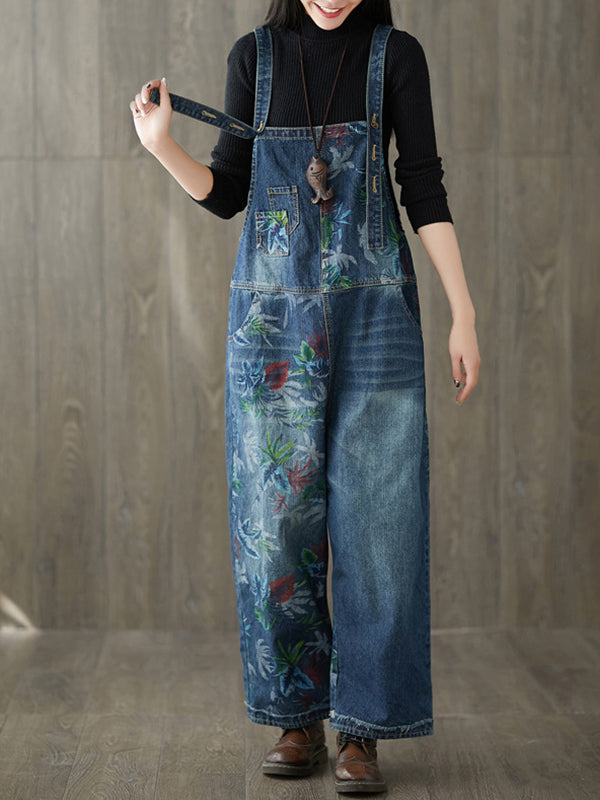 Dungarees cotton denim ripped jeans floral vintage retro style overall
