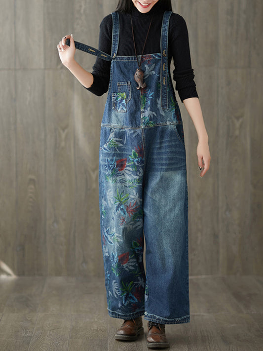 Dungarees cotton denim ripped jeans floral vintage retro style overall